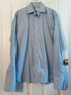 ERMENEGILDO ZEGNA Men 41/16 LUXURY Blue White Pinstripe French Cuff Dress Shirt